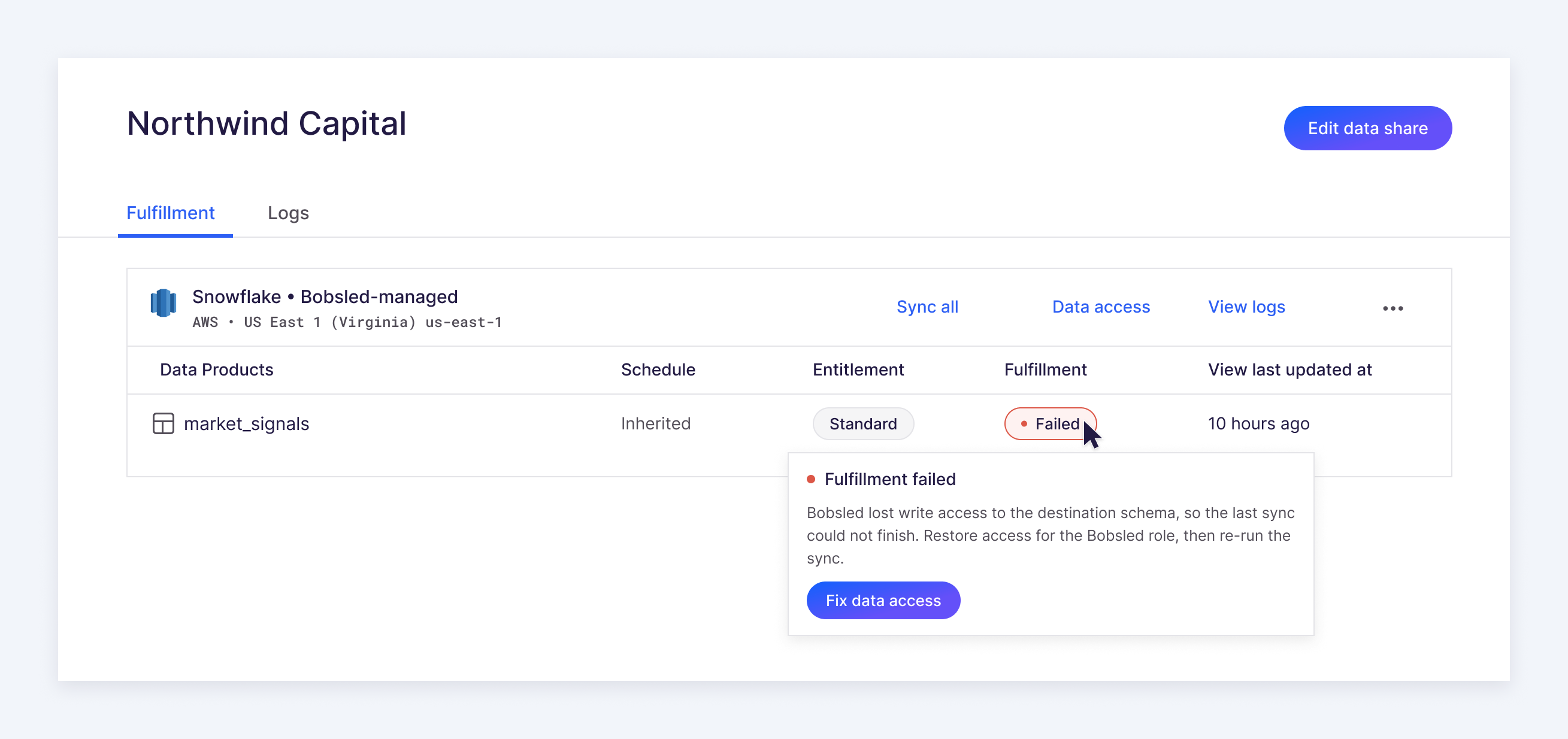 A data consumer's fulfillment page with a failed data product. Hovering the Failed status opens a plain-language summary of the cause with a Fix data access action.