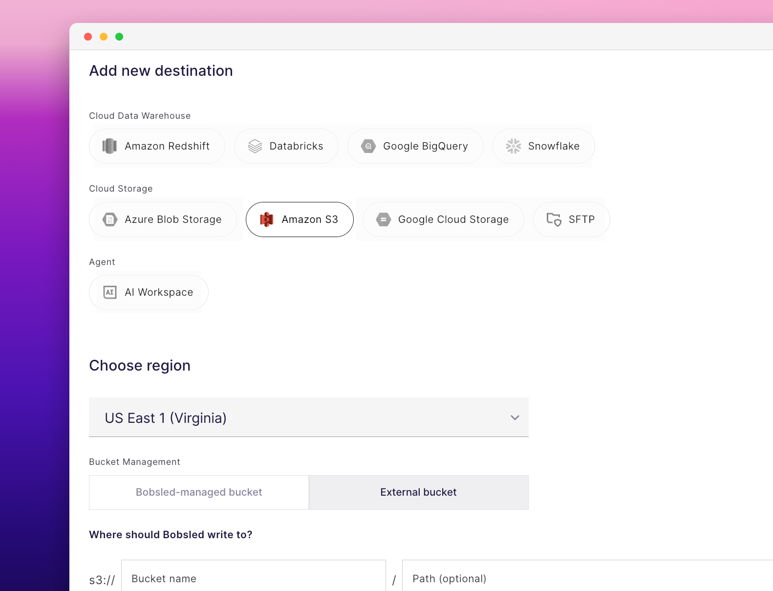 The Add new destination screen in Bobsled with Amazon S3 selected, a region chosen, and Bucket Management set to External bucket.